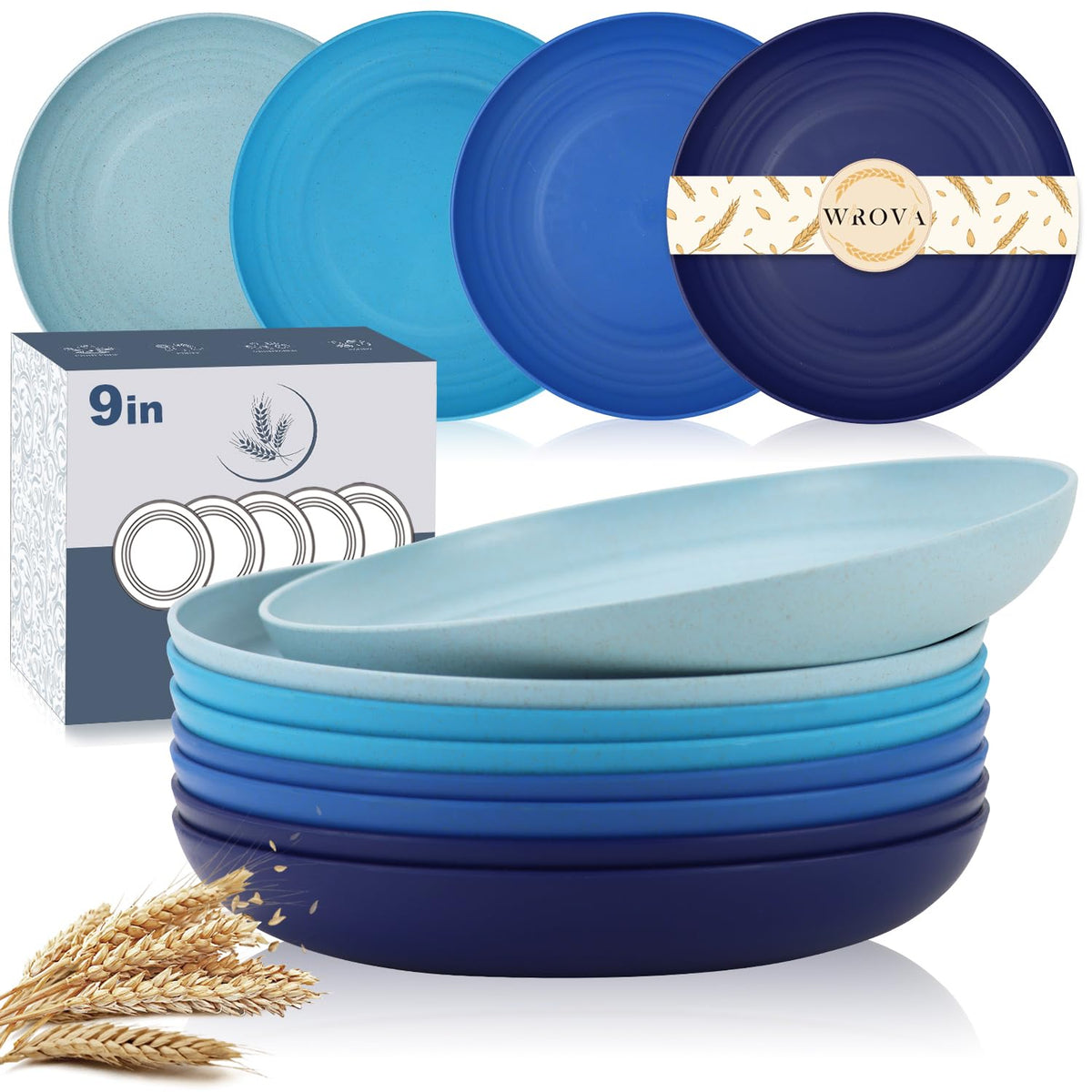 Wrova Large Wheat Straw Dinner Plates - 11 Inch Unbreakable Set of 8 - Dishwasher & Microwave Safe, Deep Edge for Kitchen and Camping (Black)