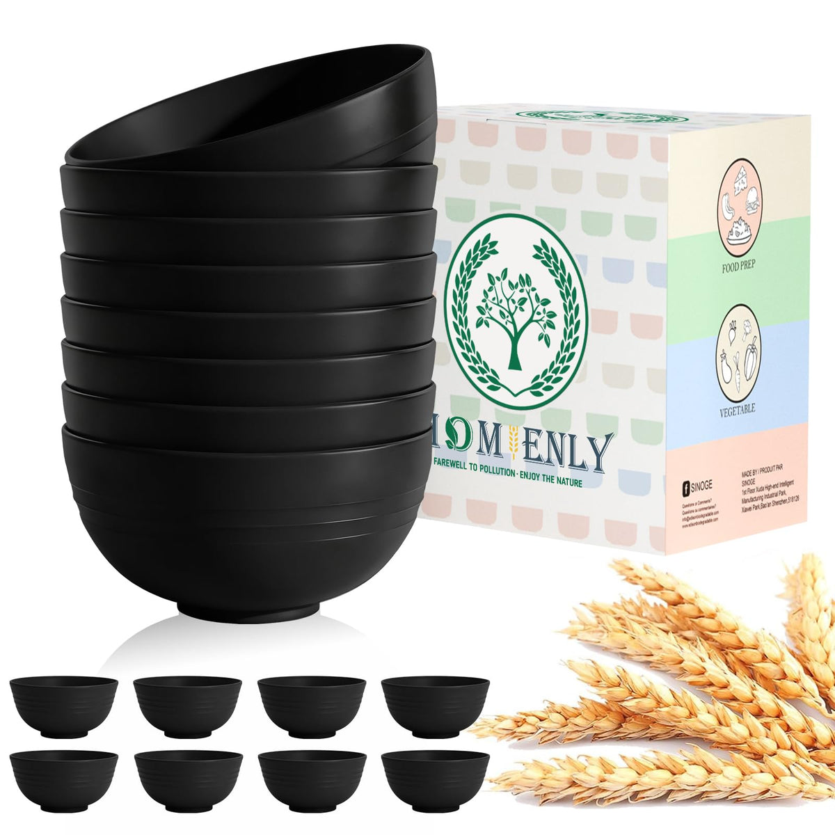 Homienly Wheat Straw Small Bowl Set of 8, Unbreakable Dessert Bowl - 10 OZ, Wheat Straw Mini Bowls for Kitchen, Kids, Microwave and Dishwasher Safe Bowls for Snack, Appetizer, Ice Cream (Black)