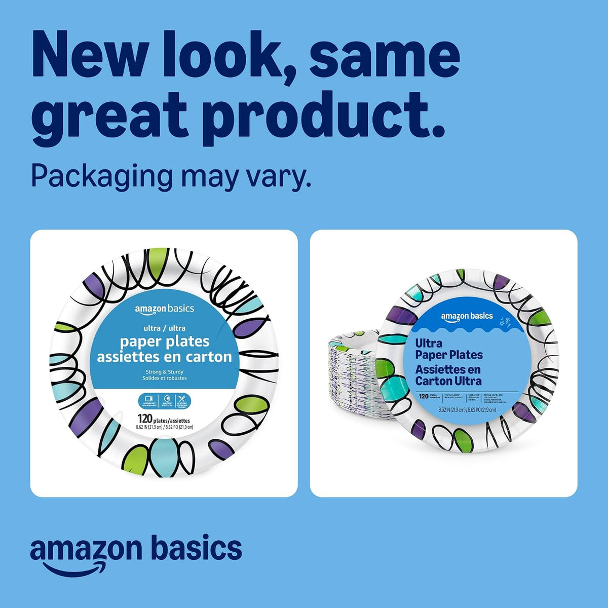 Amazon Basics Ultra Paper Plates, 8.62 Inch, Disposable, 120 Count, Packaging May Vary
