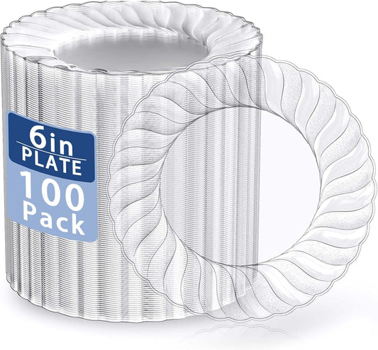 U-QE 100 Pieces Clear Plastic Plates, 6 Inch Plastic Dessert Plates