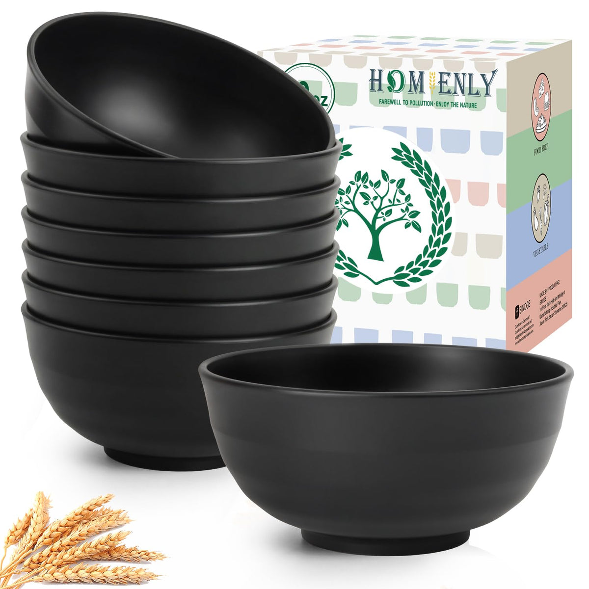Homienly Wheat Straw Small Bowl Set of 8, Unbreakable Dessert Bowl - 10 OZ, Wheat Straw Mini Bowls for Kitchen, Kids, Microwave and Dishwasher Safe Bowls for Snack, Appetizer, Ice Cream (Black)