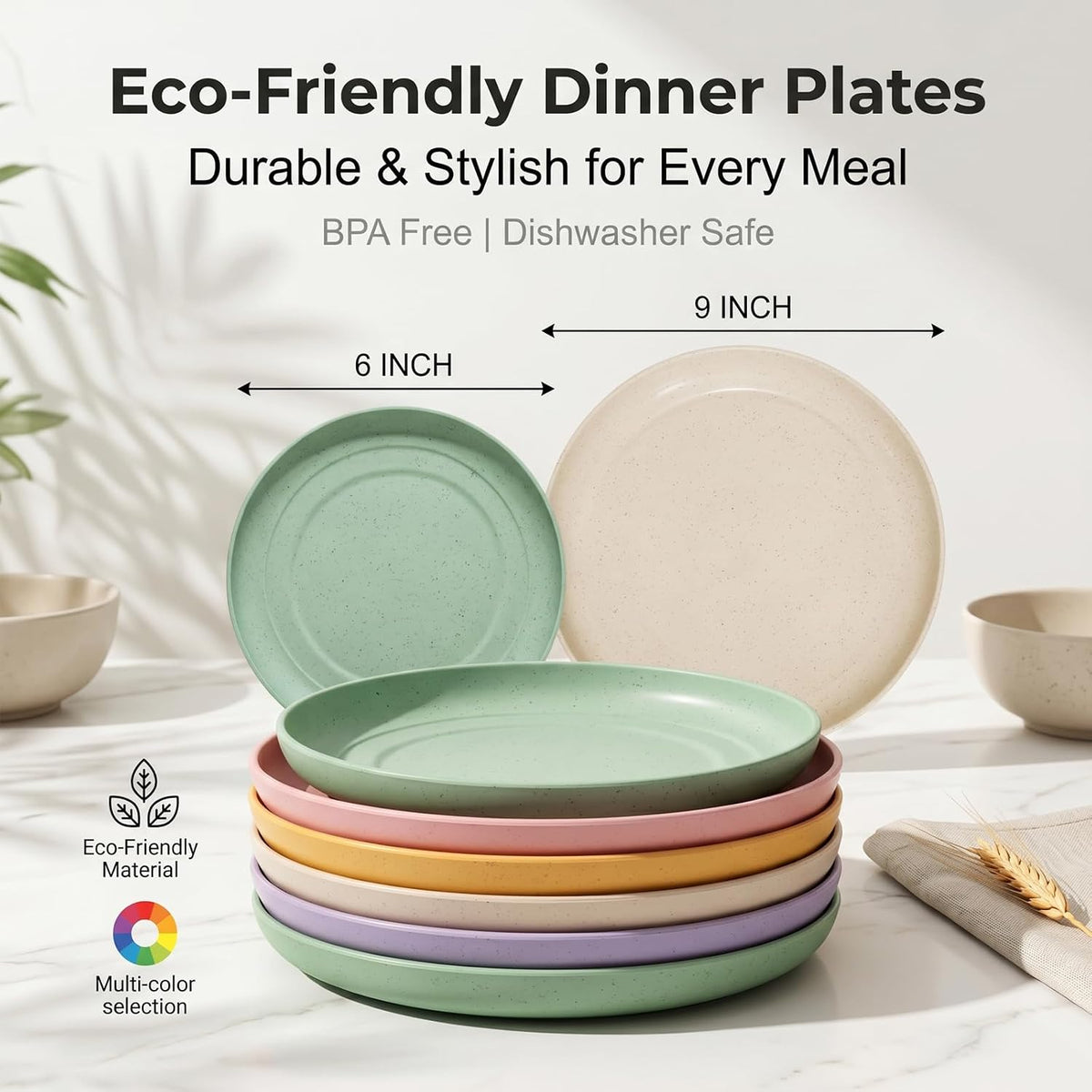 SHECIPIN 12 PACK 6 Inches Lightweight Mini Wheat Straw Plates,Reusable Plate Set Dishwasher & Microwave Safe,Unbreakable Deep Dinner Plates, Plastic Plates Reusable,They are easy to clean BPA free