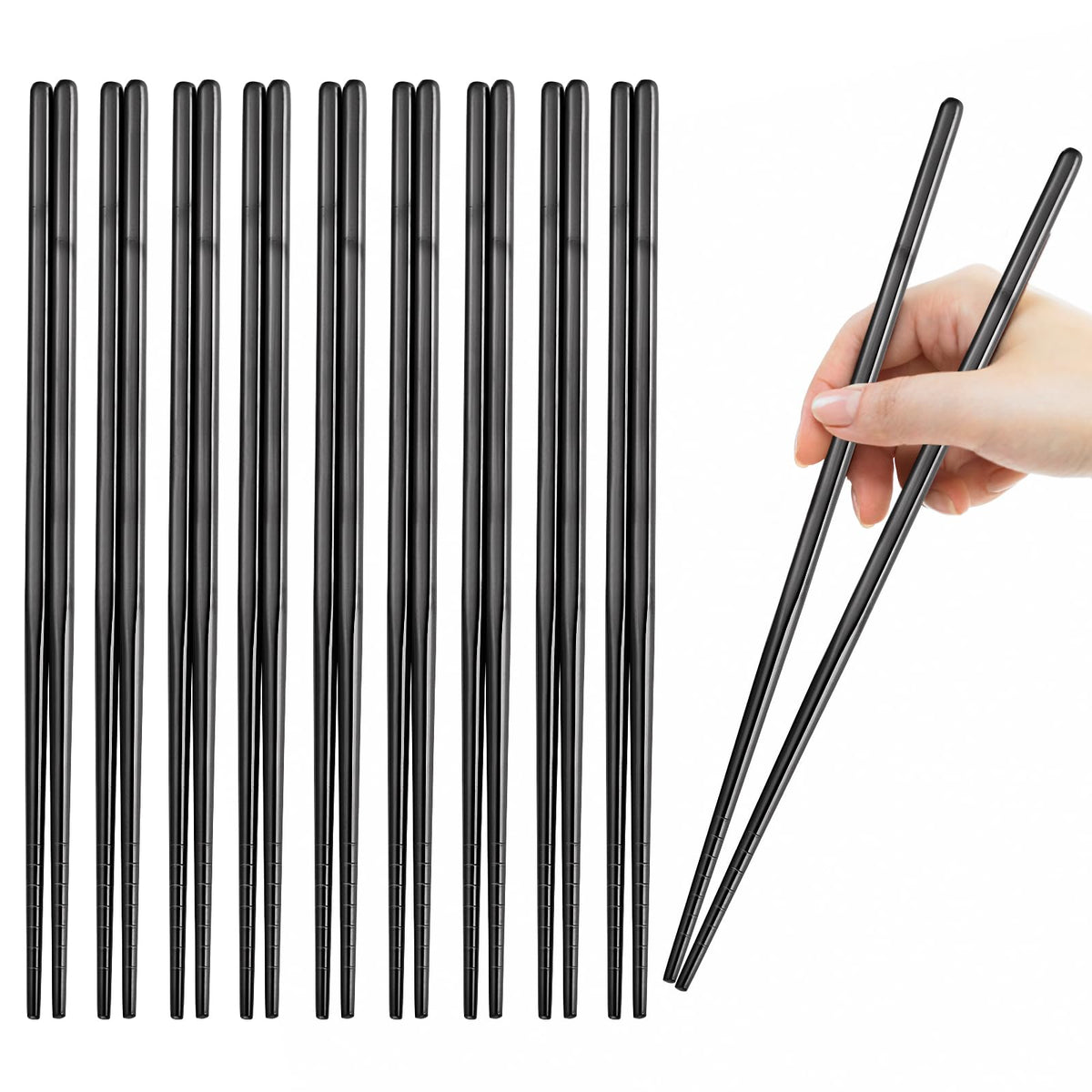 10 Pairs Rose Gold Chopsticks Set Stainless Steel 304 Reusable Non-slip Line Design Metal Chop Sticks for Cooking and Eating Kitchen Utensils Dishwasher Safe Tableware Gift Set