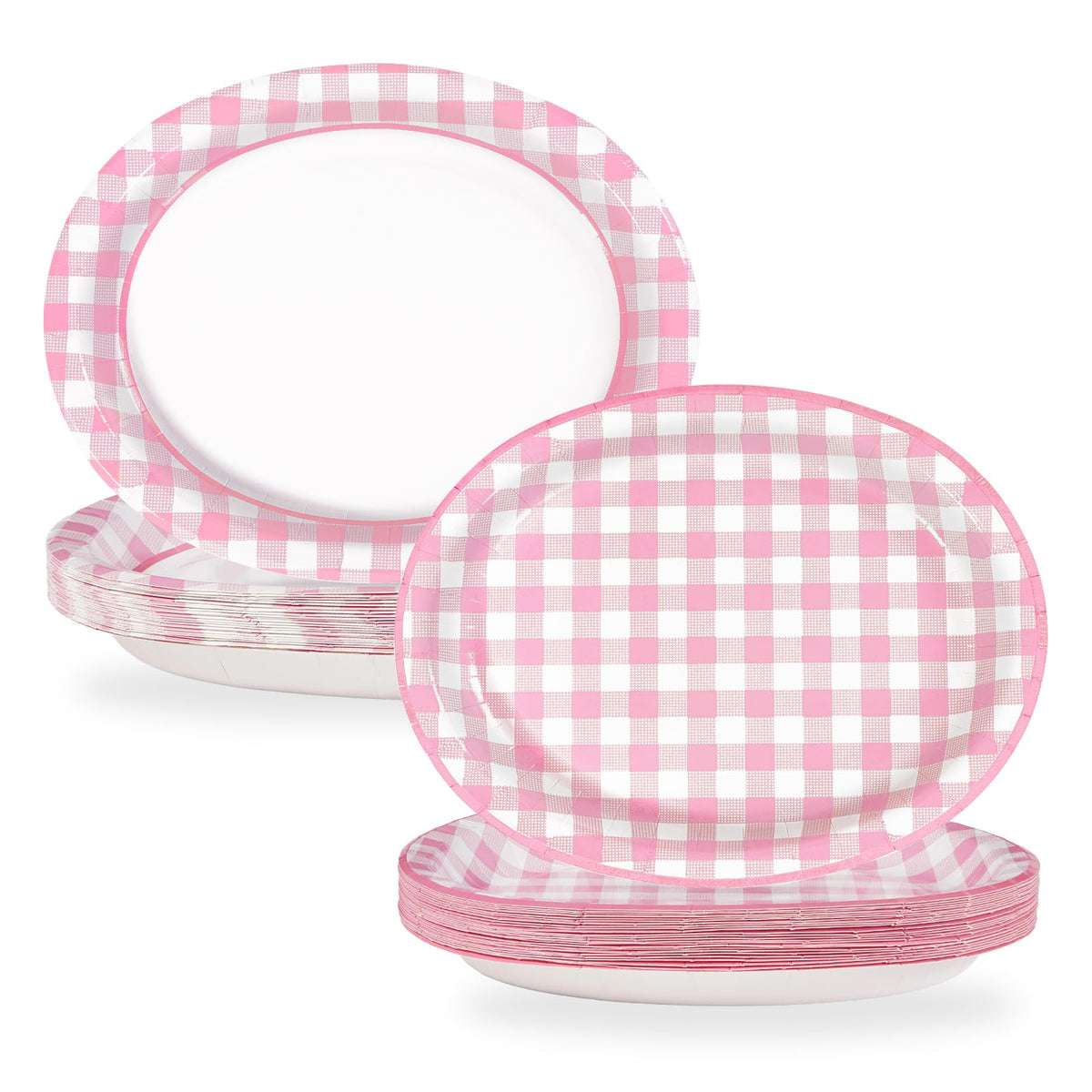 50Pcs Gingham Oval Paper Plates 10" x 12" Large Disposable Heavy Duty Red and White Buffalo Checked Plaid Dessert Platter Sturdy Plates for Fall Pizza Picnic BBQ Baby Shower Birthday Party Supplies