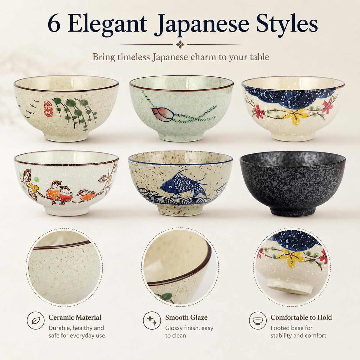 clothmile 4.5 Inch Japanese Retro Rice Bowls Set of 6 Japanese Style Hand-Painted Floral Plum Ceramic Bowls for Cereal, Soup, Dessert, Snack, Fruit, Salsa for Xmas Holiday Present