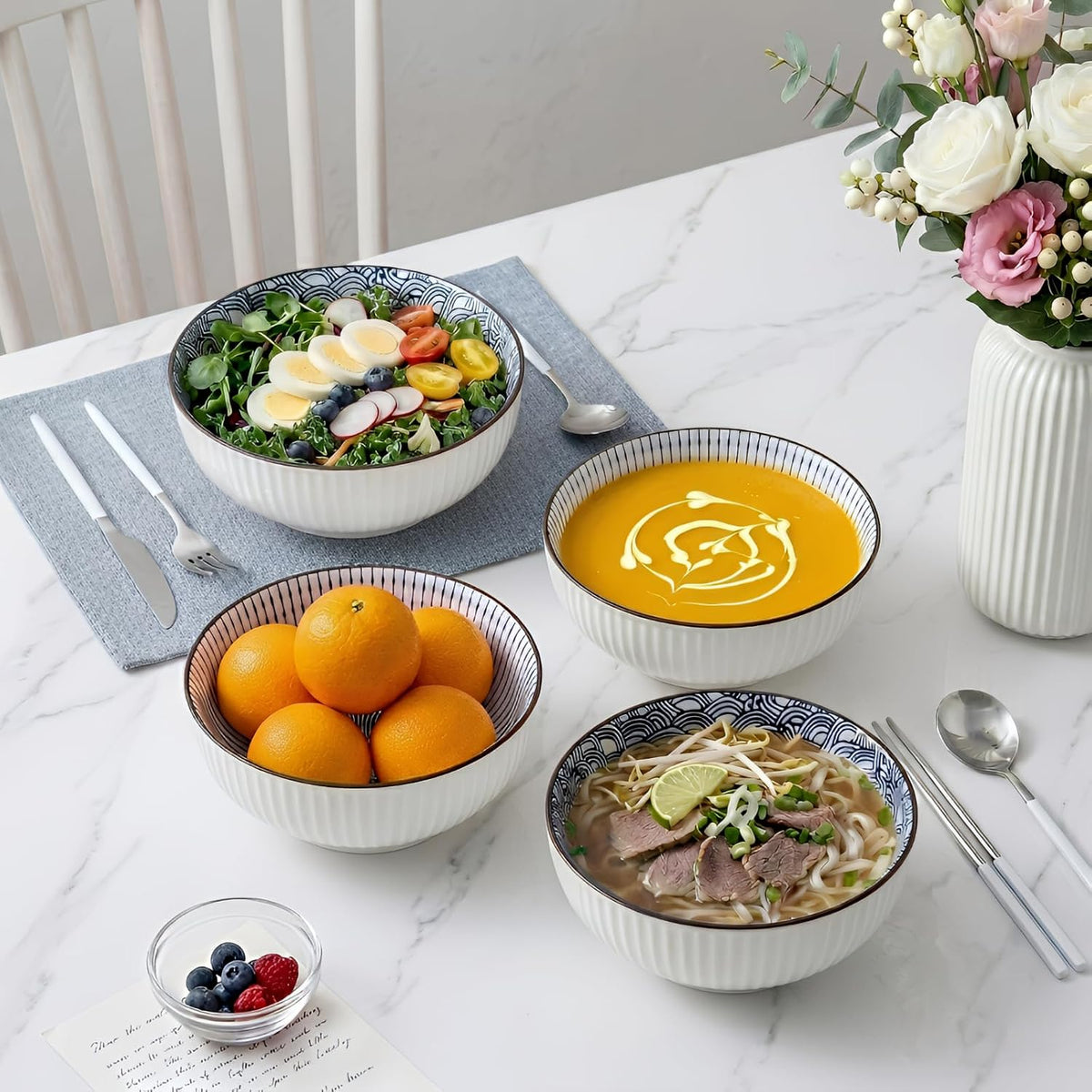 QINLANG 60 oz Large Soup Bowl, Pho Bowls, Japanese Ramen Bowls Set of 3, 8 in Blue and White Porcelain Big Bowls for Eating - 3 Mixing Patterns