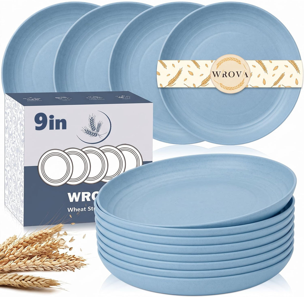 Wrova Large Wheat Straw Dinner Plates - 11 Inch Unbreakable Set of 8 - Dishwasher & Microwave Safe, Deep Edge for Kitchen and Camping (Black)