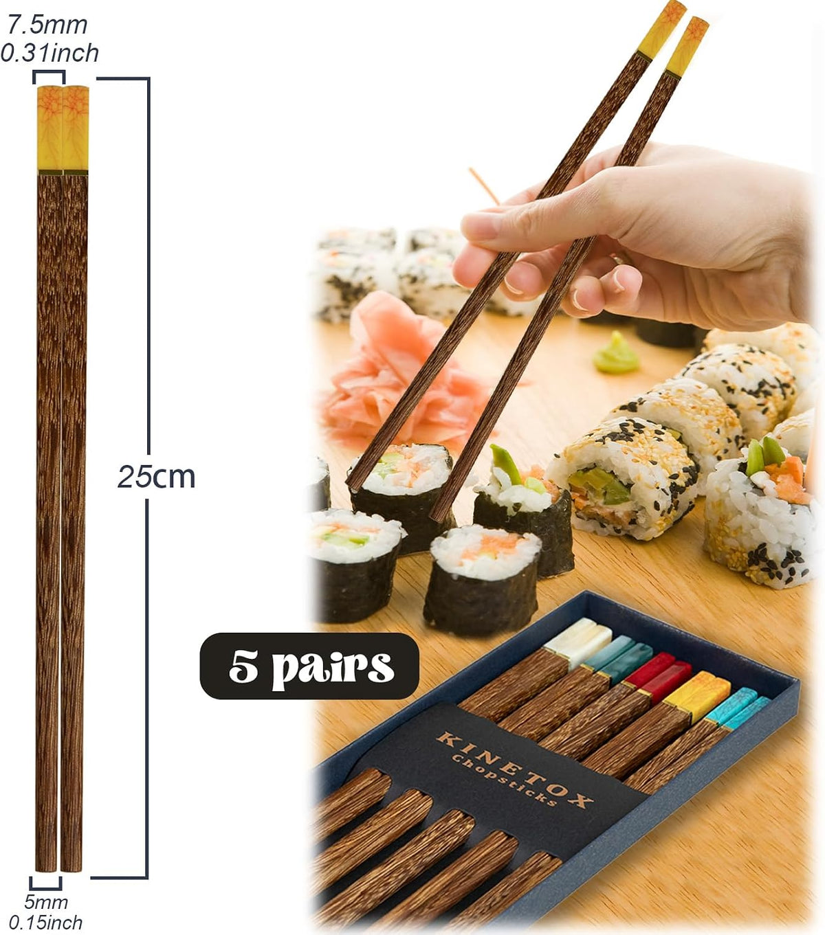 Chop Sticks Wooden 5 Pairs Chopsticks Gift Set Wood Luxury Chinese Sticks Reusable Premium Chipsticks for Sushi Rice Noodles Asian Dishes Holiday Gifting Zebrawood