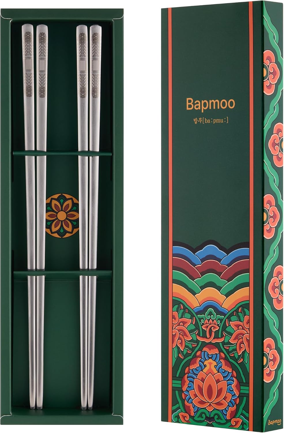 Korean Matte Silver Stainless Steel Chopsticks, 2 Pairs, Dancheong Engraved