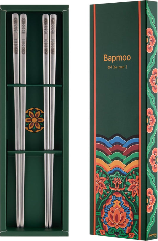 Korean Matte Silver Stainless Steel Chopsticks, 2 Pairs, Dancheong Engraved