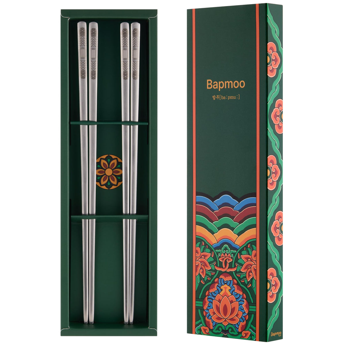 Korean Matte Silver Stainless Steel Chopsticks, 2 Pairs, Dancheong Engraved