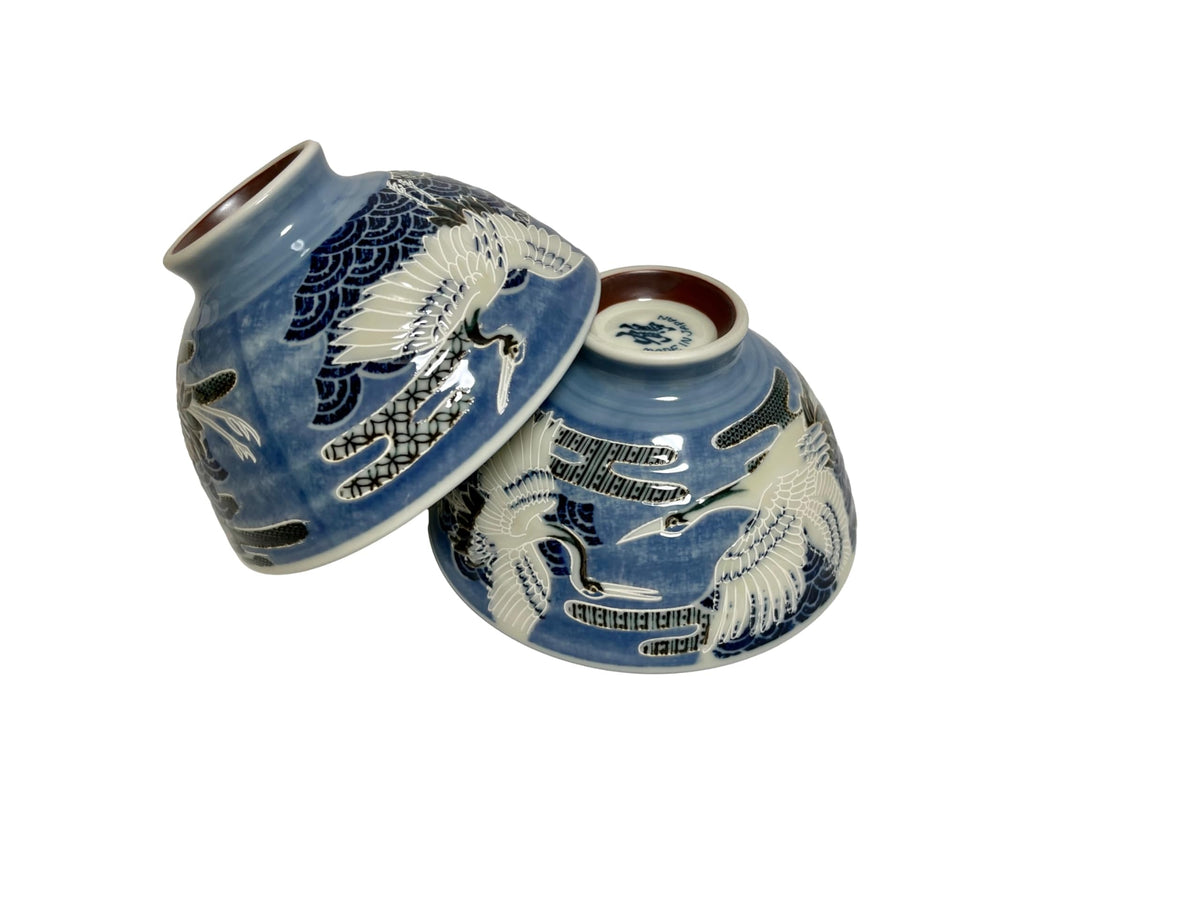 Japanese Mino Ware Ceramic Rice Bowl Set, 4.84 Inches Diameter x H2.56 Inches, 13.3 Fluid Ounces Set of 2 from Japan (Rabbits and Flowers Design)