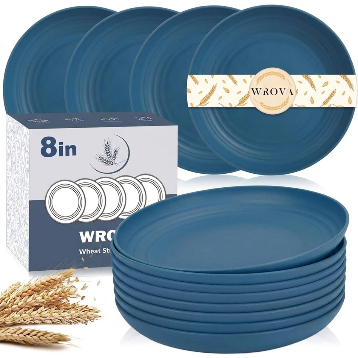Wrova Large Wheat Straw Dinner Plates - 11 Inch Unbreakable Set of 8 - Dishwasher & Microwave Safe, Deep Edge for Kitchen and Camping (Black)