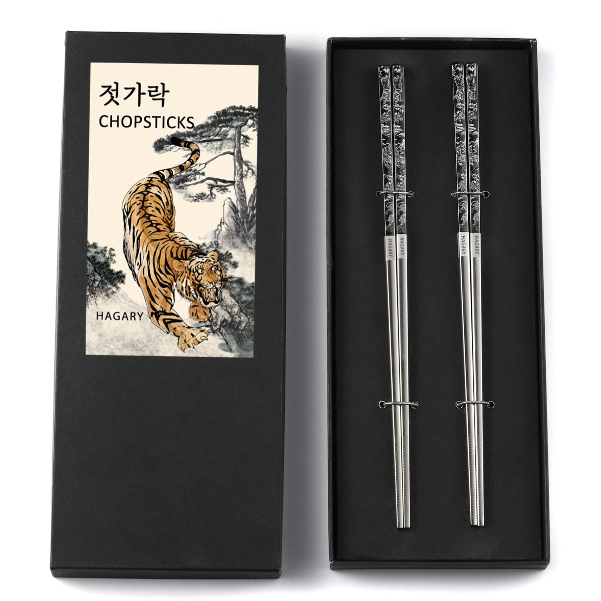 Hagary Tiger Chopsticks Metal Chopsticks Reusable (Gold - 2 Pairs)