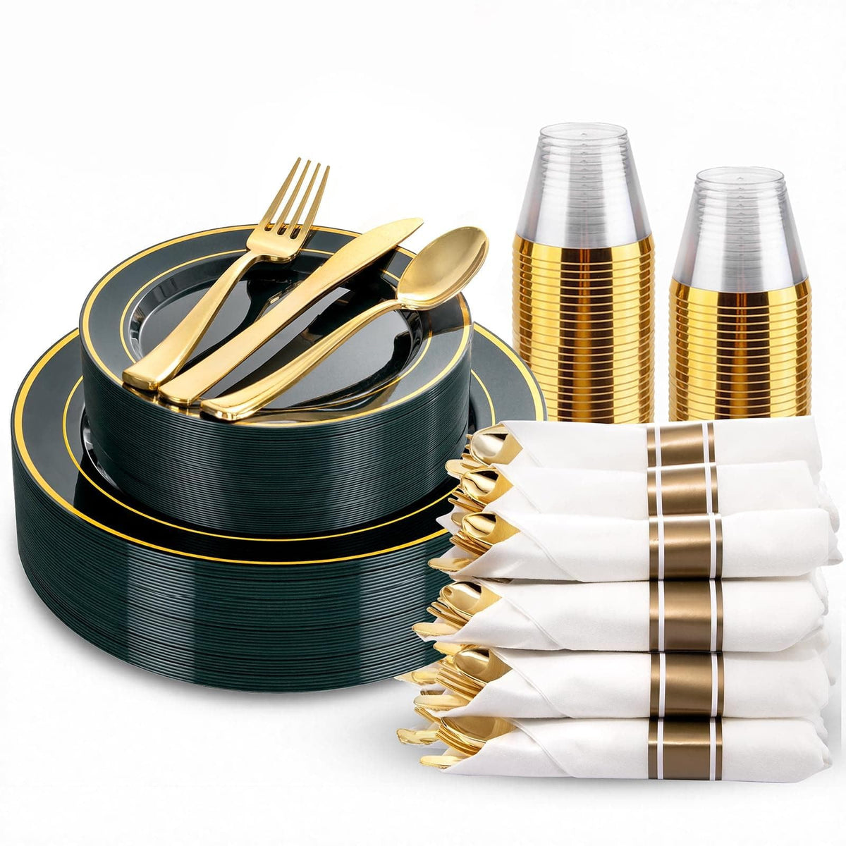 WDF Partyware 350Piece Gold Dinnerware Set for 50 Guests - Gold Plastic Plates with Disposable Cutlery - 50Dinner Plates-50Dessert Plates-50Pre Rolled Napkins with Silverware for Wedding/Birthday