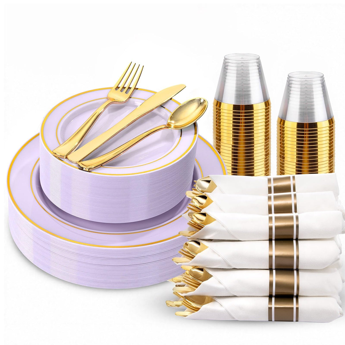 WDF Partyware 350Piece Gold Dinnerware Set for 50 Guests - Gold Plastic Plates with Disposable Cutlery - 50Dinner Plates-50Dessert Plates-50Pre Rolled Napkins with Silverware for Wedding/Birthday