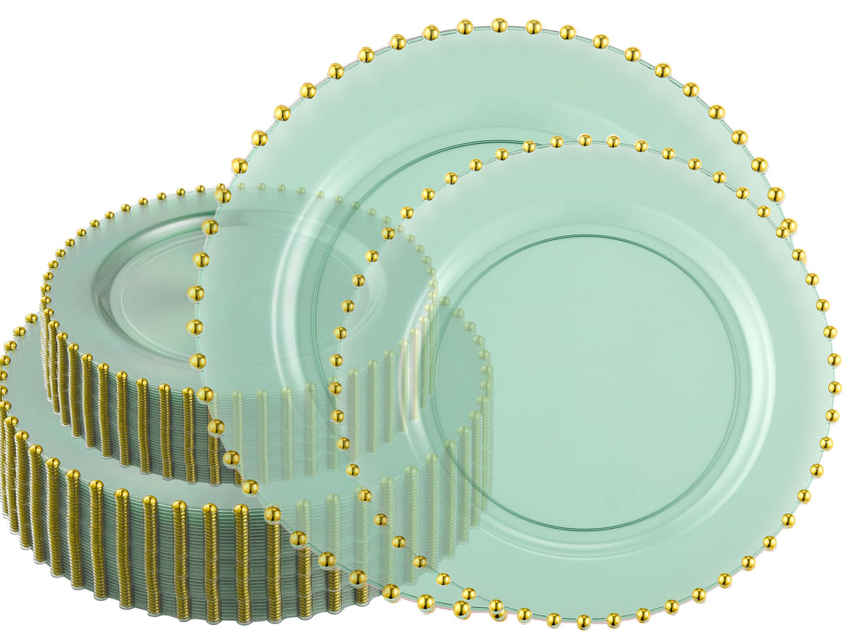 PLASTICPRO 32 Piece Combo Plastic Dinner Plates Disposable Plastic Fancy Heavy Duty Party Dishes 7 inch and 10 inch, White Beaded