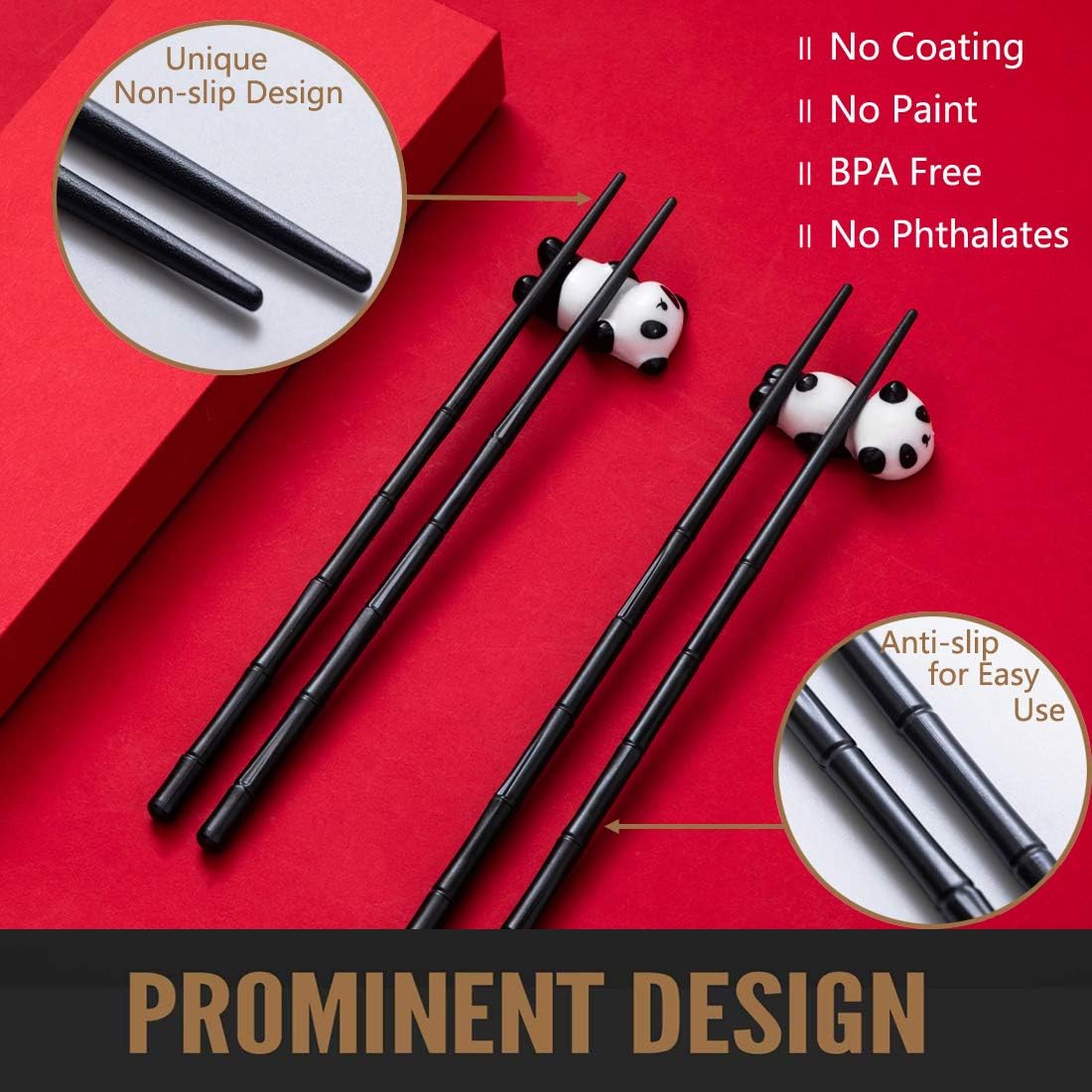HauSun 2 Pairs Chopsticks and Chopstick Rest Gift Set- Dishwasher Safe Reusable Fiber Glass Chopsticks + Porcelain Cute Panda Chopstick Holder, Non-slip Chinese Japanese Style, Black