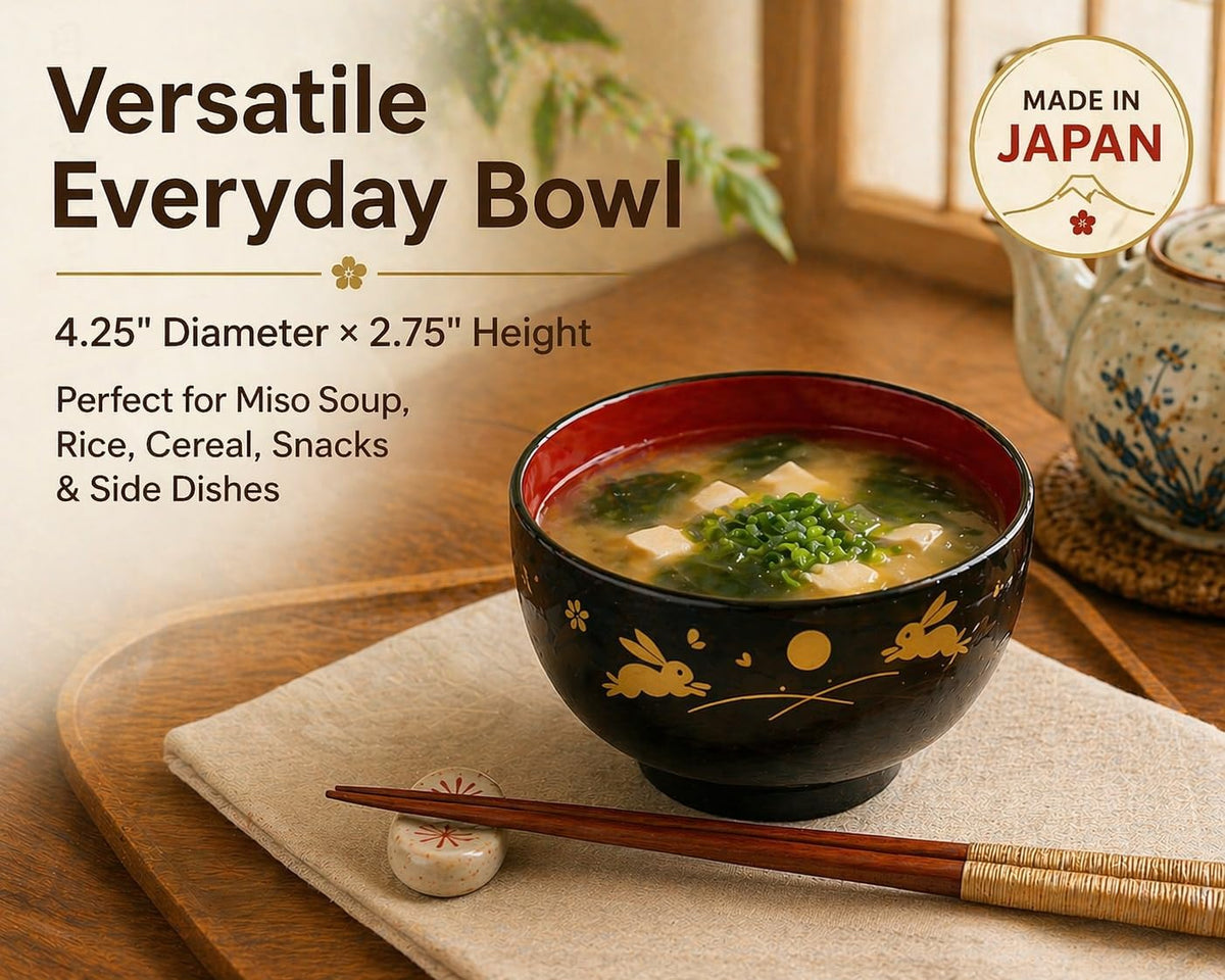 JapanBargain 2989 Japanese Plastic Soup Bowls, Bunny and Moon Pattern, 4.25-Inch Rice & Cereal Bowls, Lacquer Finish, Made in Japan, 4 Pack
