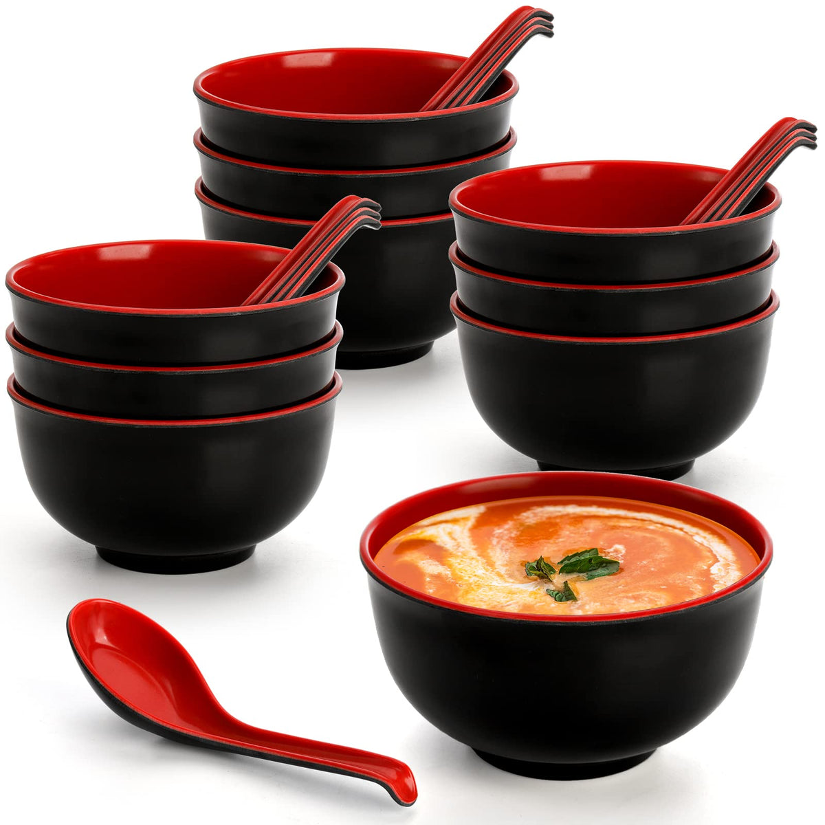 Lyellfe Set of 10 Miso Soup Bowl with Spoon, 16 Oz Unbreakable