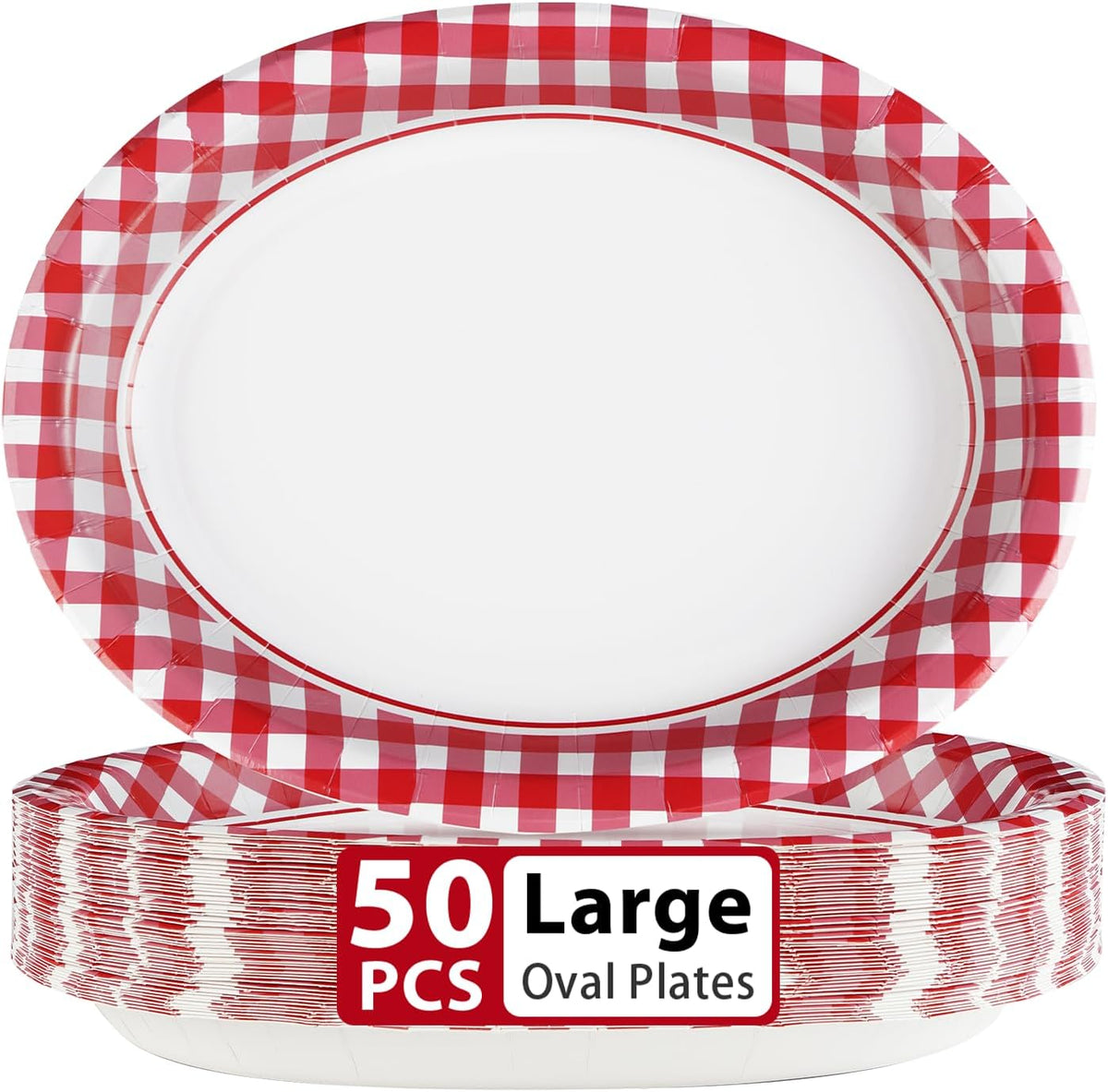 50Pcs Gingham Oval Paper Plates 10" x 12" Large Disposable Heavy Duty Red and White Buffalo Checked Plaid Dessert Platter Sturdy Plates for Fall Pizza Picnic BBQ Baby Shower Birthday Party Supplies