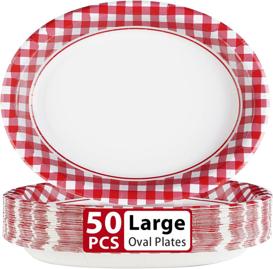 50Pcs Gingham Oval Paper Plates 10" x 12" Large Disposable Heavy Duty Red and White Buffalo Checked Plaid Dessert Platter Sturdy Plates for Fall Pizza Picnic BBQ Baby Shower Birthday Party Supplies