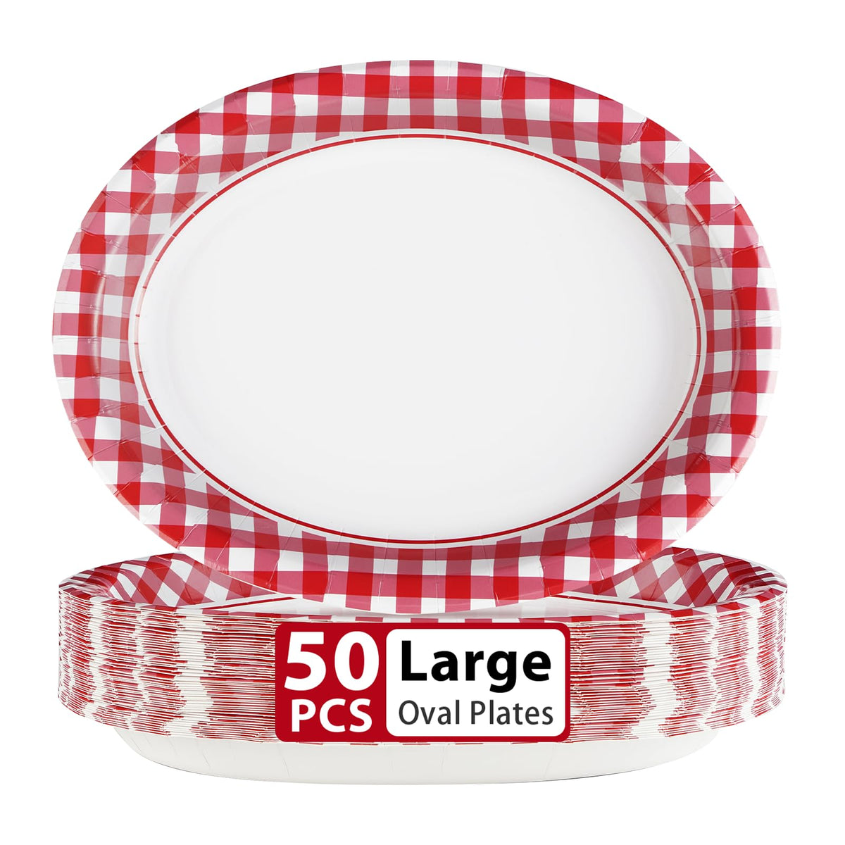 50Pcs Gingham Oval Paper Plates 10" x 12" Large Disposable Heavy Duty Red and White Buffalo Checked Plaid Dessert Platter Sturdy Plates for Fall Pizza Picnic BBQ Baby Shower Birthday Party Supplies
