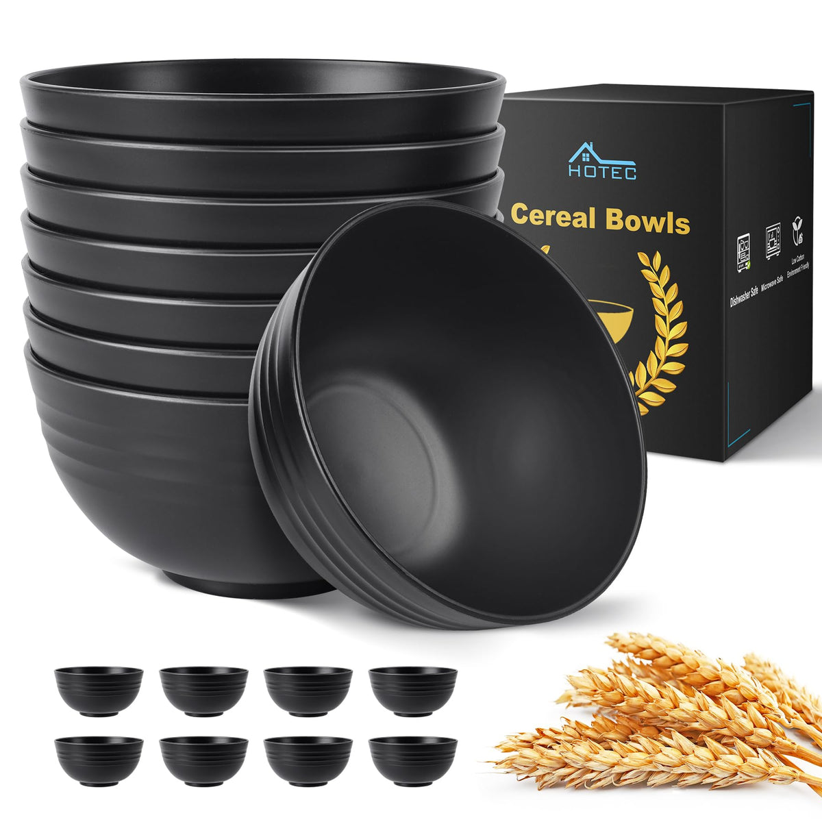 HOTEC 26oz BPA Free Wheat Straw Cereal Plastic Bowls, Set of 8 Black