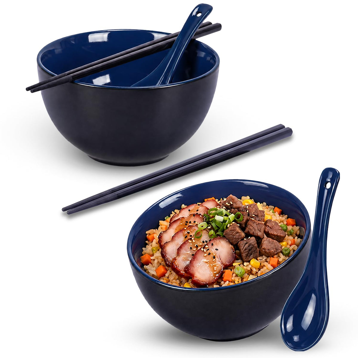Rice Bowl Set of 2 with Chopsticks and Spoons, 5.4" Black and Green, 25 oz