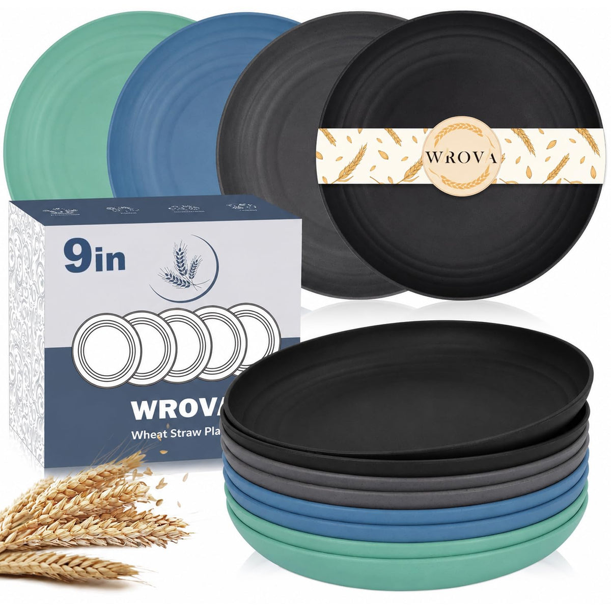 Wrova Large Wheat Straw Dinner Plates - 11 Inch Unbreakable Set of 8 - Dishwasher & Microwave Safe, Deep Edge for Kitchen and Camping (Black)