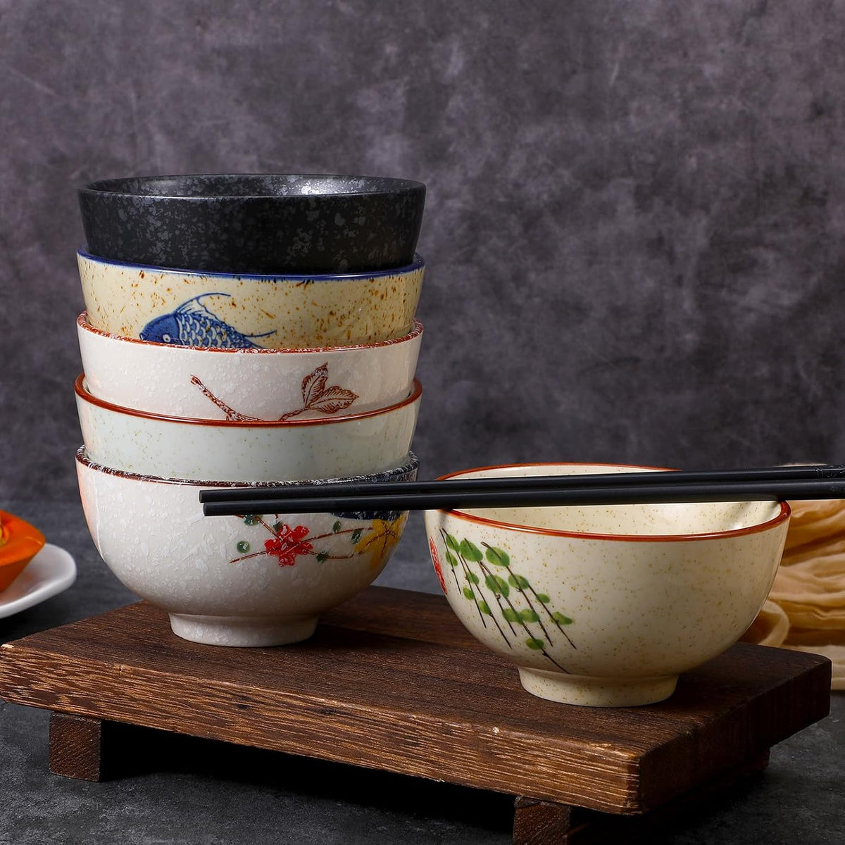 Retro Ceramic Bowls Set for 6, 4.5 Inch Japanese Chinese Bowl Small Hand-Painted Floral Plum Ceramic Bowls for Soup Rice Cereal Dessert Snack Fruit Salad Noodles, Dishwasher Microwave Safe