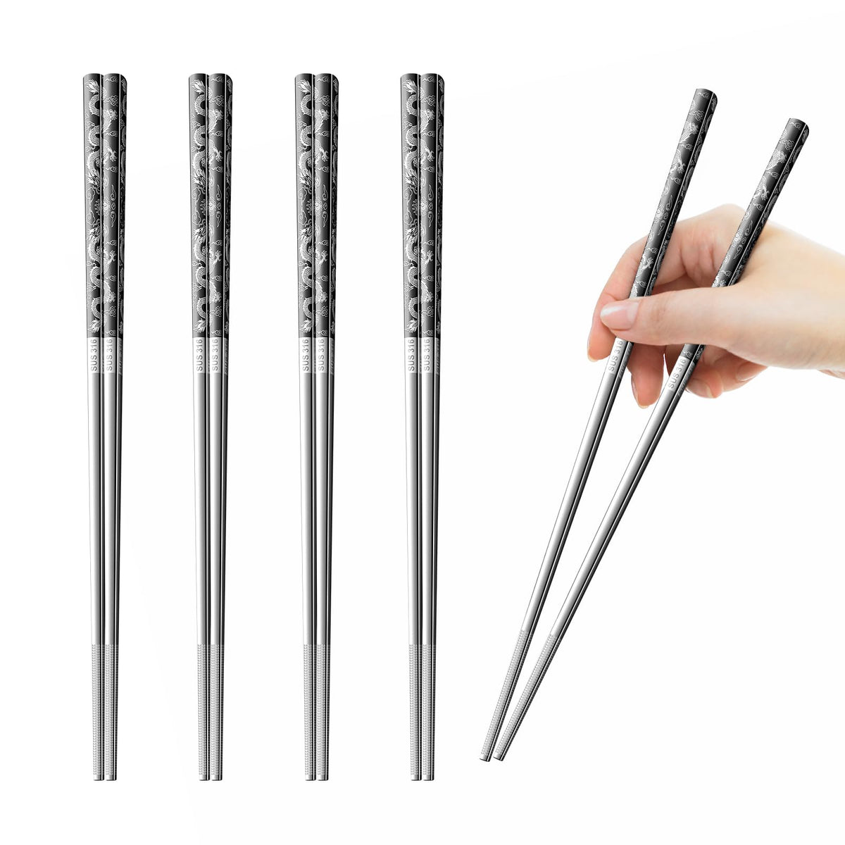10 Pairs Rose Gold Chopsticks Set Stainless Steel 304 Reusable Non-slip Line Design Metal Chop Sticks for Cooking and Eating Kitchen Utensils Dishwasher Safe Tableware Gift Set