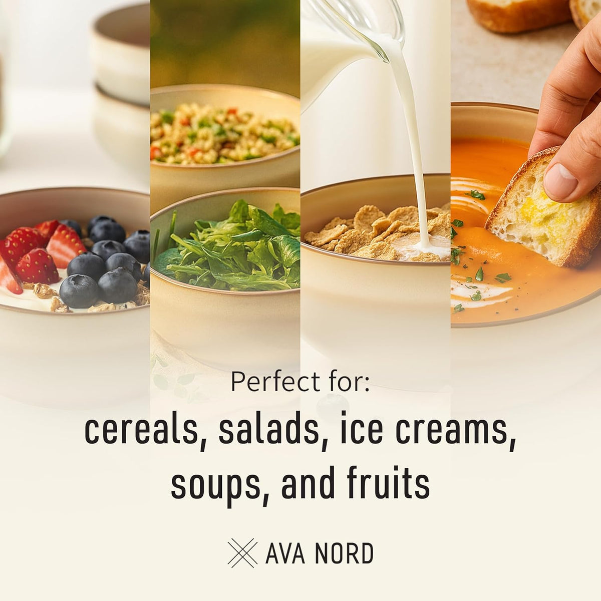 Ava Nord Stoneware Ceramic Cereal Bowls Set of 4, 21 oz | Lead-Free, Cadmium-Free | Microwave and Dishwasher Safe | For Soup, Salad, Rice, Dessert, Ice Cream | Nordic Design | Terracotta/Sage Ash