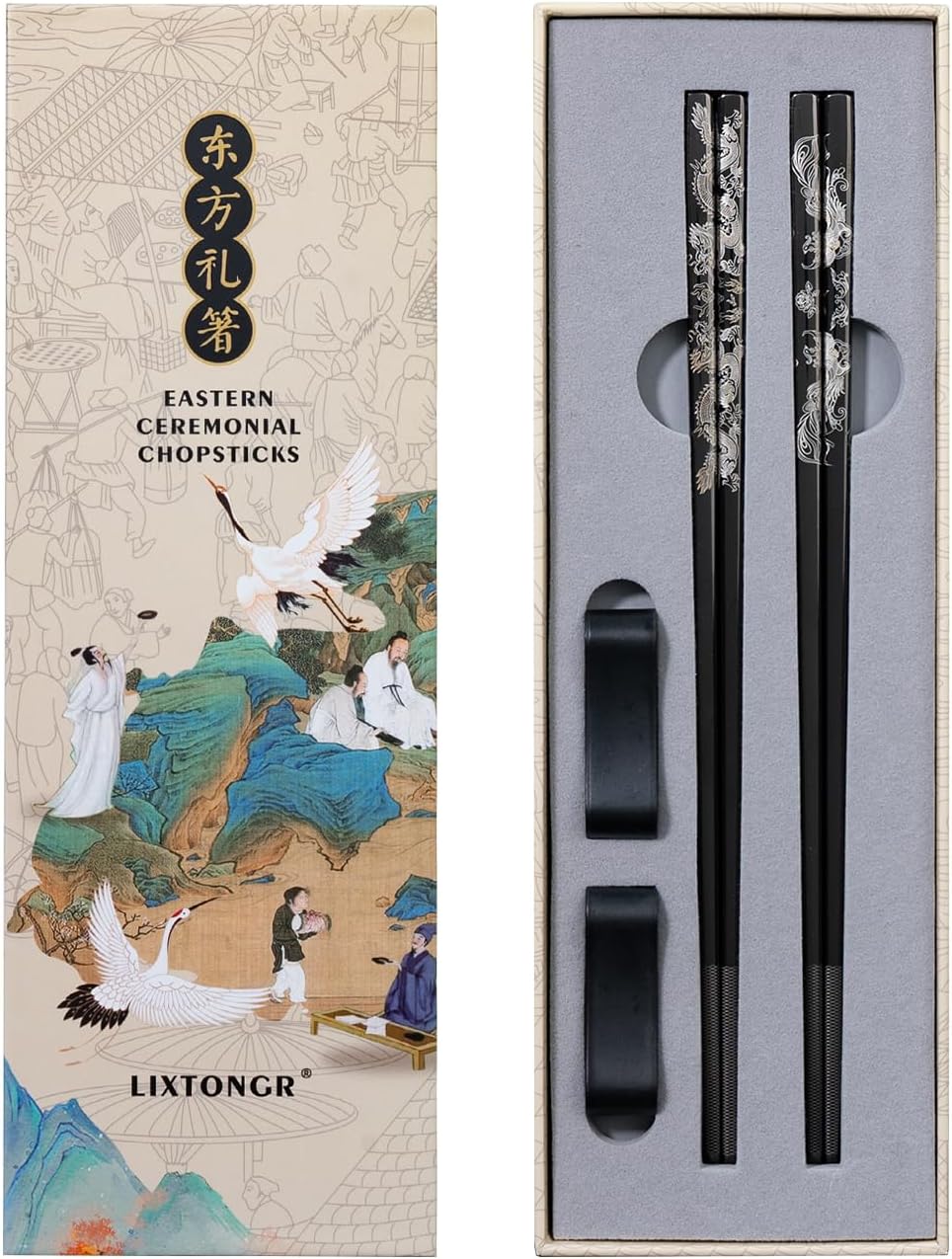 Dragon & Phoenix Black Stainless Steel Chopsticks, 2 Pairs