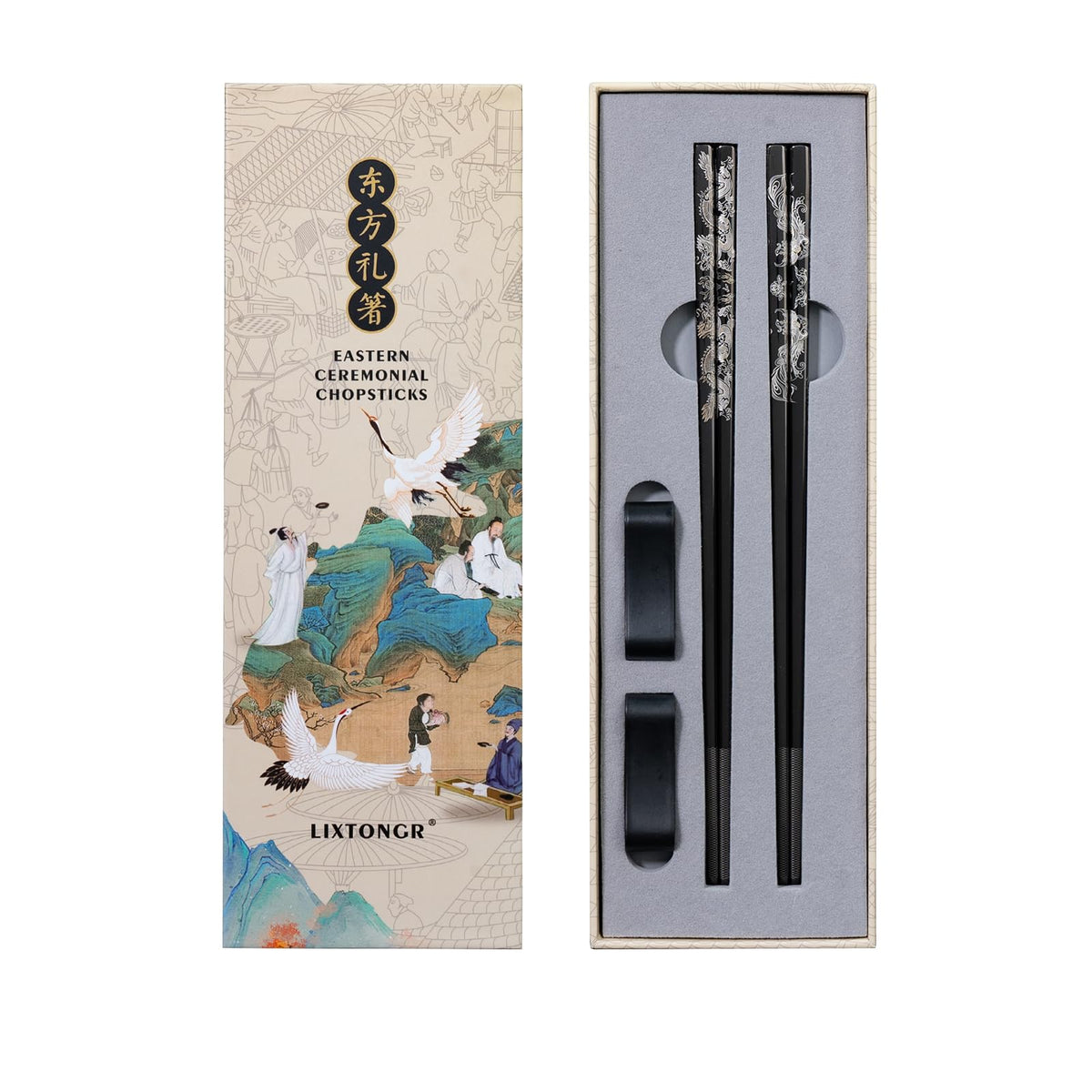 Dragon & Phoenix Black Stainless Steel Chopsticks, 2 Pairs