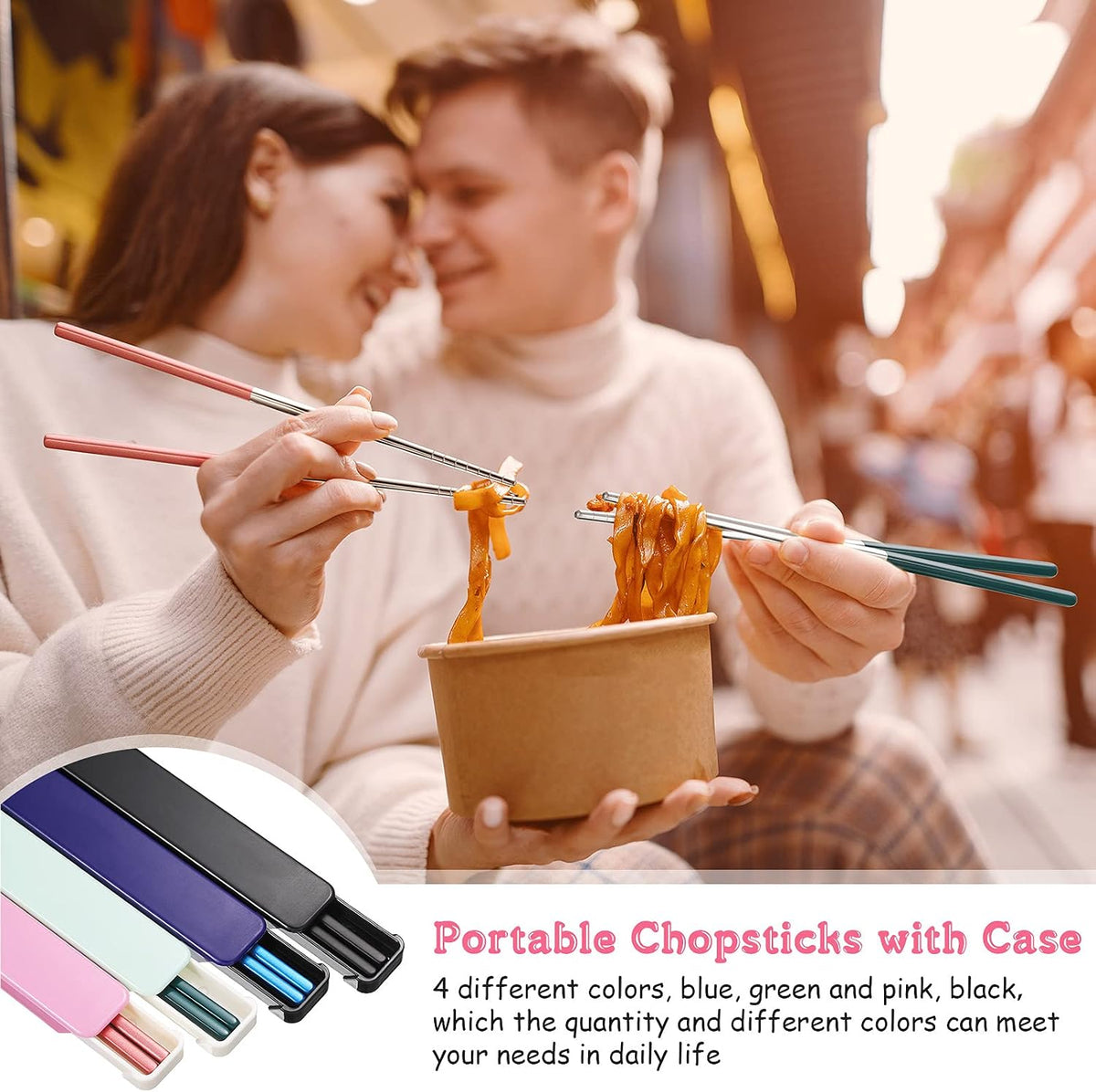 4 Pairs Portable Travel Chopsticks with Case Metal Chopsticks Utensil Set