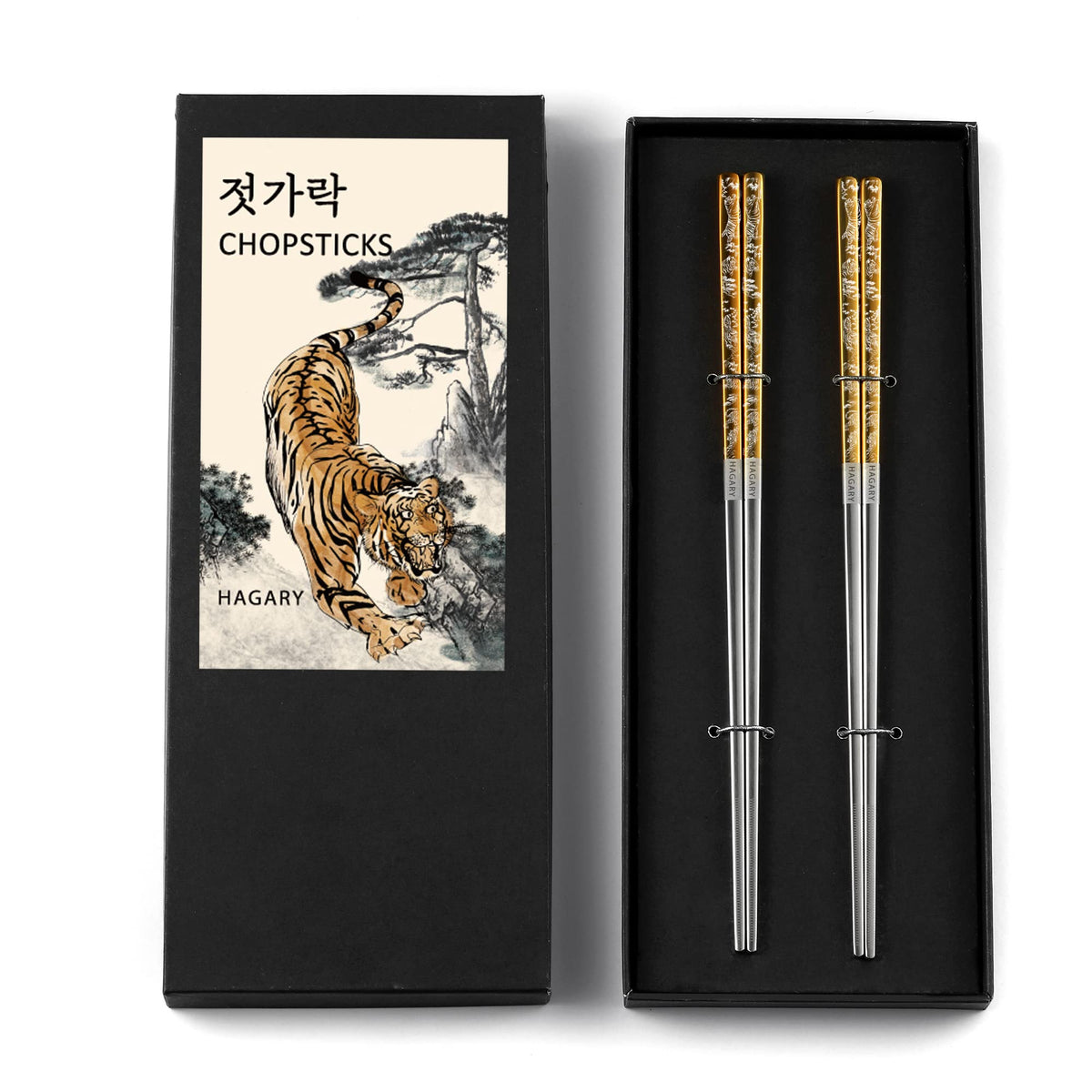 Hagary Tiger Chopsticks Metal Chopsticks Reusable (Gold - 2 Pairs)