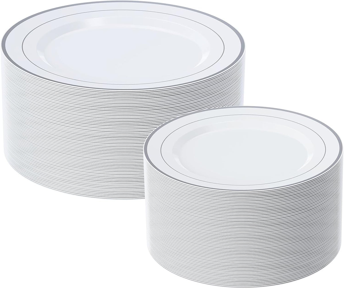 FOCUSLINE Silver Plastic Plates Set of 60,Disposable Plates with Silver Rim