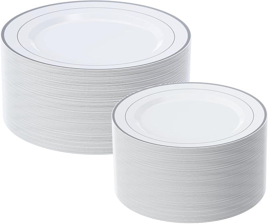 FOCUSLINE Silver Plastic Plates Set of 60,Disposable Plates with Silver Rim