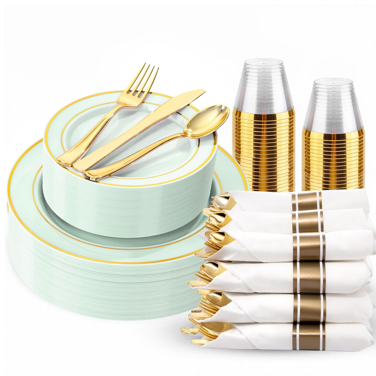 WDF Partyware 350Piece Gold Dinnerware Set for 50 Guests - Gold Plastic Plates with Disposable Cutlery - 50Dinner Plates-50Dessert Plates-50Pre Rolled Napkins with Silverware for Wedding/Birthday