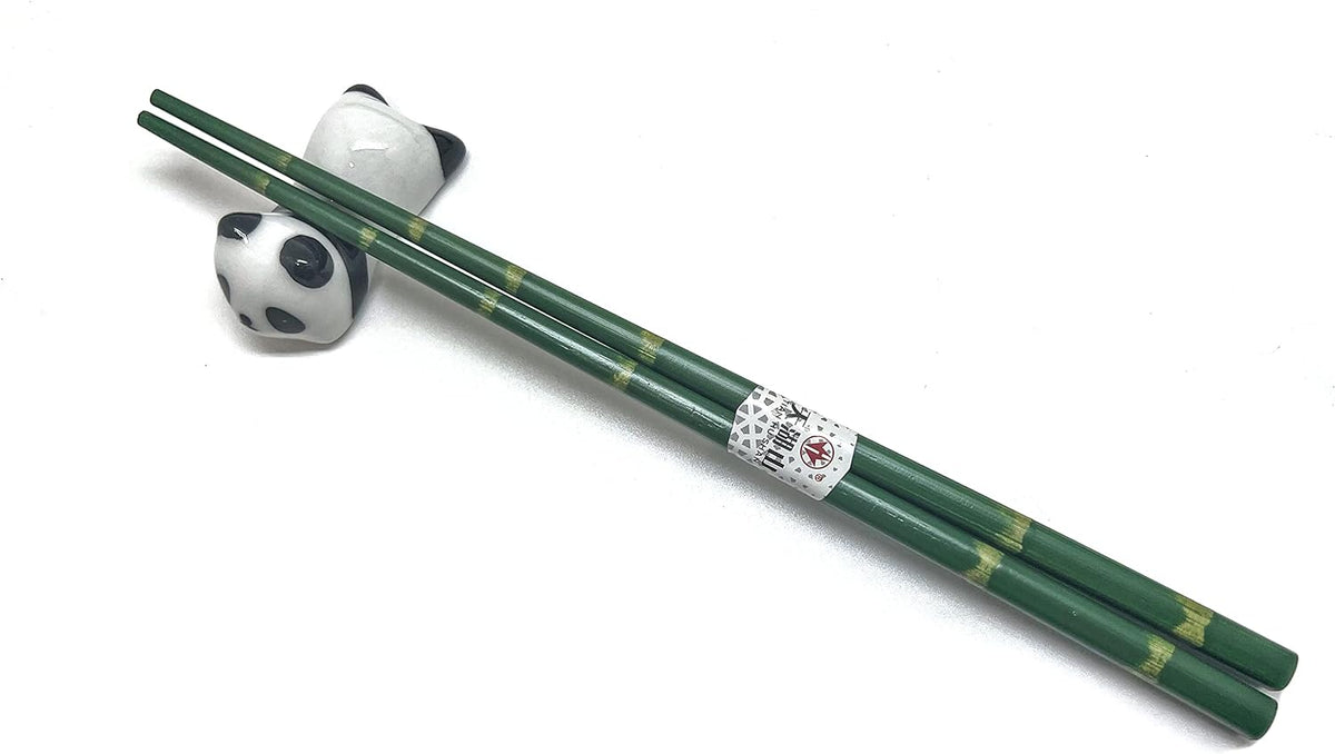 Wooden Chopsticks Reusable 5 Pairs Gift Set with 5pcs porcelain rest Panda and Green Bamboo Design Hand-Made 8.8 Inch/22.5cm