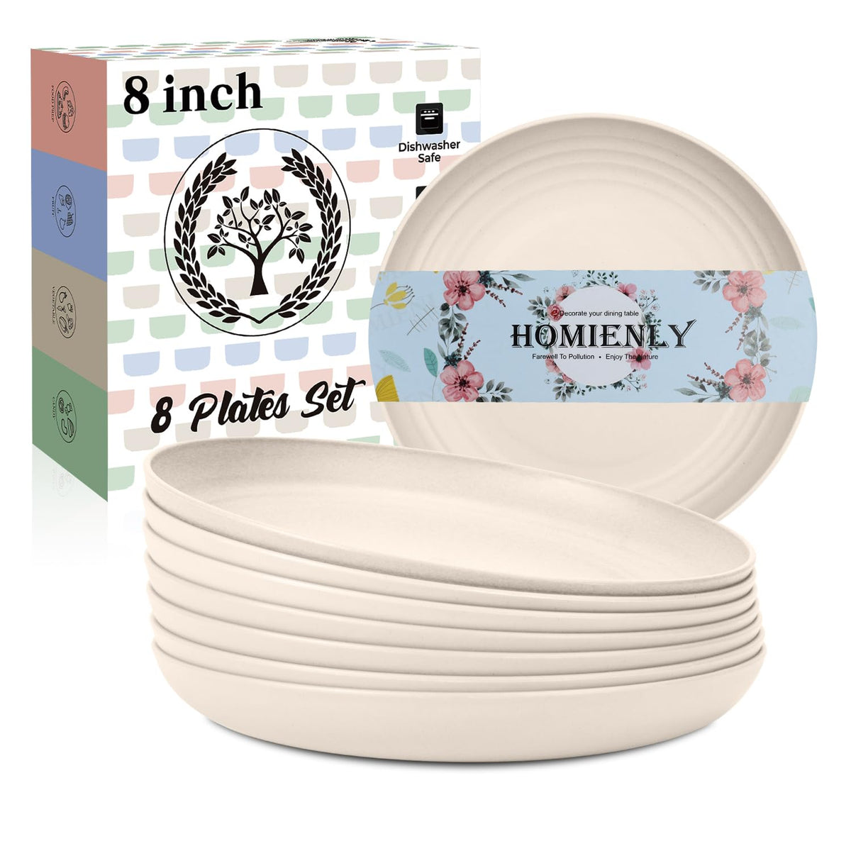 Homienly Deep Dinner Plates Set of 8 Alternative for Plastic Plates Microwave and Dishwasher Safe Wheat Straw Plates for Kitchen Unbreakable Kids Plate Set with 4 Colors (Classic Bright, 9 inch)
