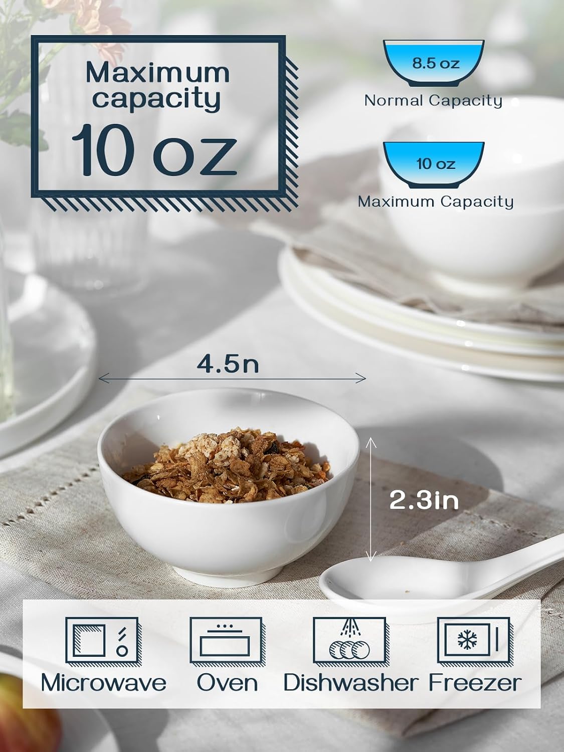 DOWAN 8.5 OZ Small Ceramic Bowls Set of 4 - White Bowls for Dessert, Dip, Side Dishes, Ice Cream, Fruit, Rice - Dishwasher & Microwave Safe (Soft White)