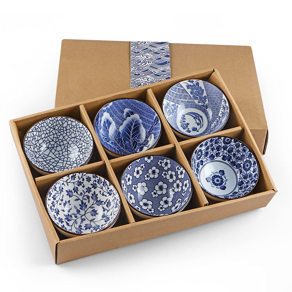 Ceramic Rice Bowls 10 oz, Japanese Style Bowl Gift Set, Assorted Dinnerware Serving Bowls for Cereal, Soup, Dessert, Snack, Fruit, Salsa, Pack of 6 (Blue and White)
