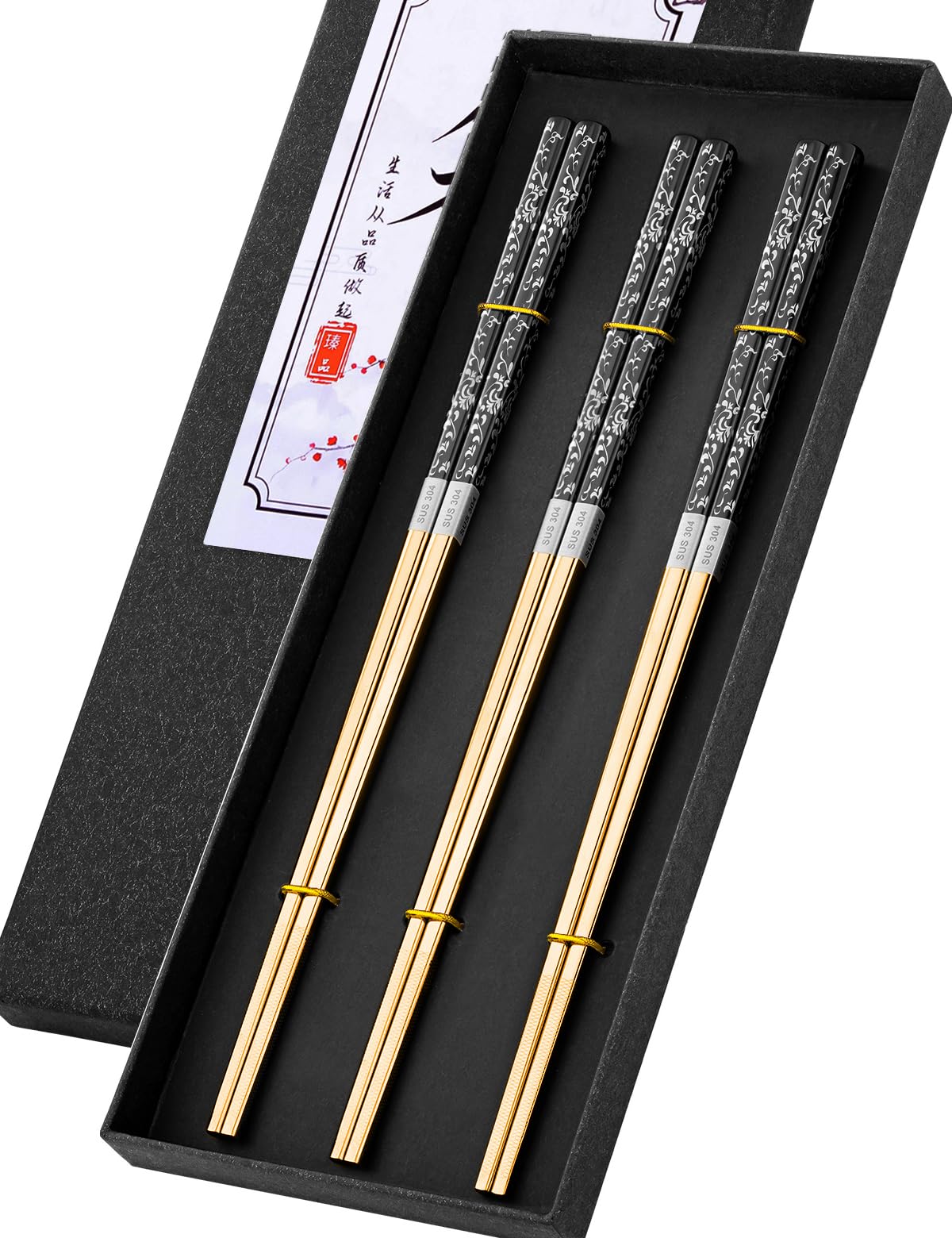 Metal Chopsticks Reusable 18/8 Stainless Steel Sleek Engraving Patterns Chop Sticks Reusable Dishwasher Safe Non-Slip Chopsticks+Flower Silver 5 Pairs