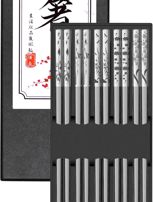 Metal Chopsticks Reusable 18/8 Stainless Steel Sleek Engraving Patterns Chop Sticks Reusable Dishwasher Safe Non-Slip Chopsticks+Flower Silver 5 Pairs
