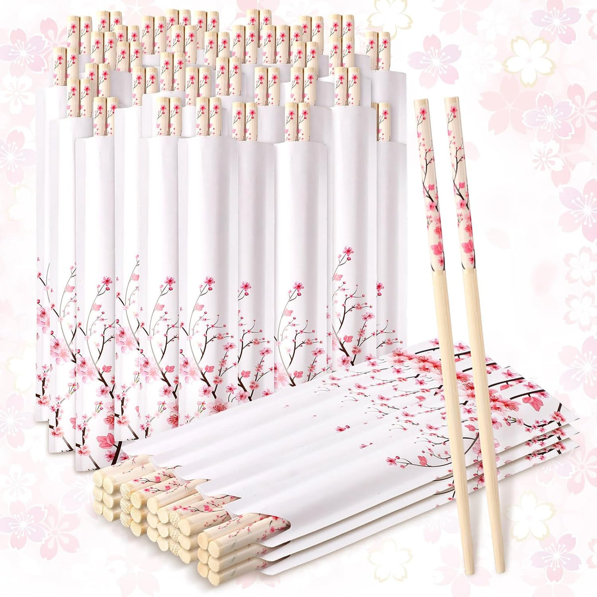 50 Pairs Cherry Disposable Bamboo Chopsticks Bulk Sleeved