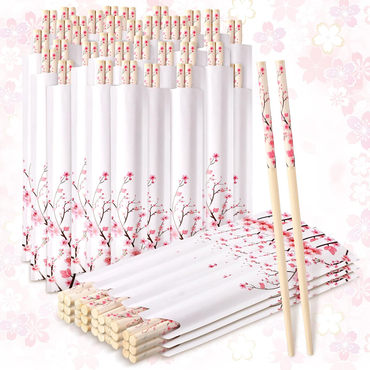 50 Pairs Cherry Disposable Bamboo Chopsticks Bulk Sleeved