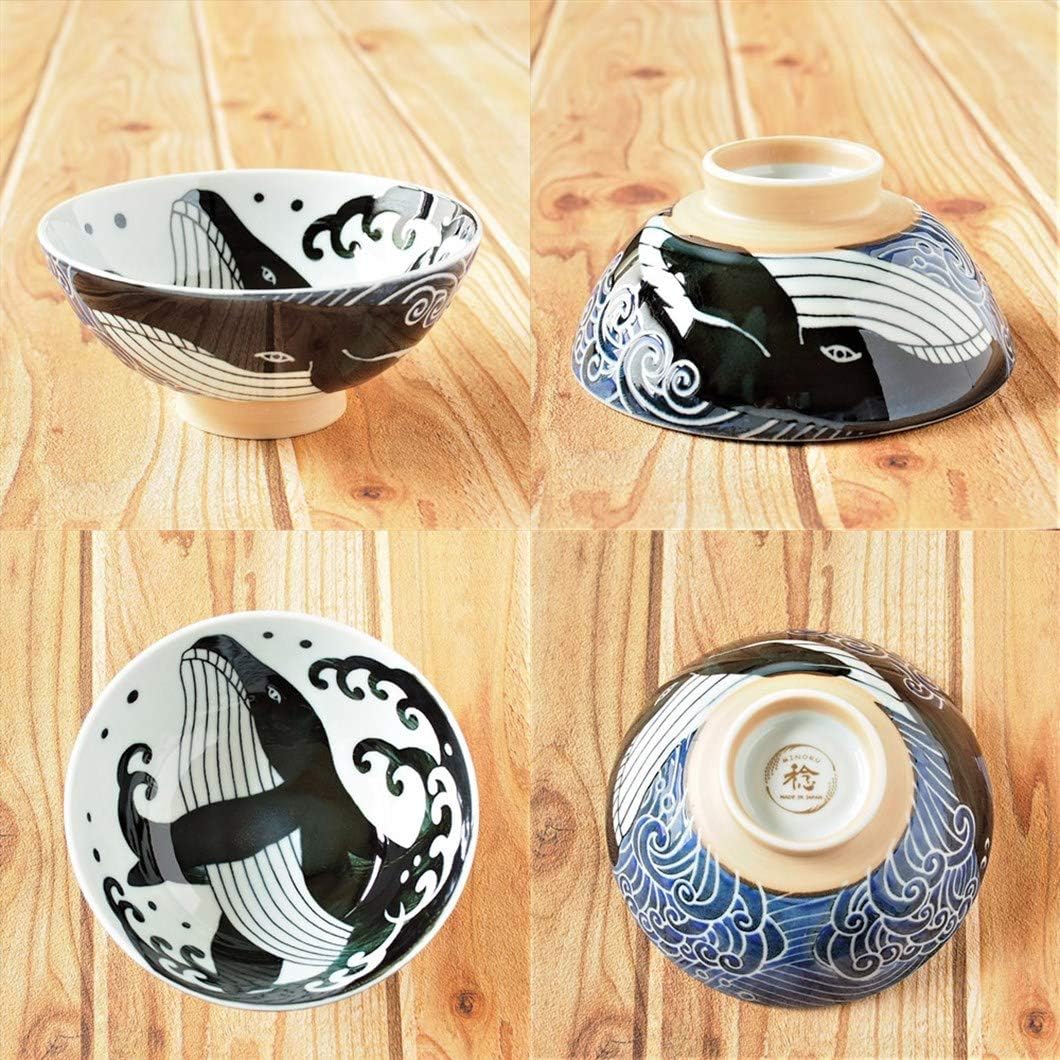 Minorutouki Rice Bowl Extra Large White Wave Whale Blue φ5.8×H2.6in 7.76oz Made in Japan