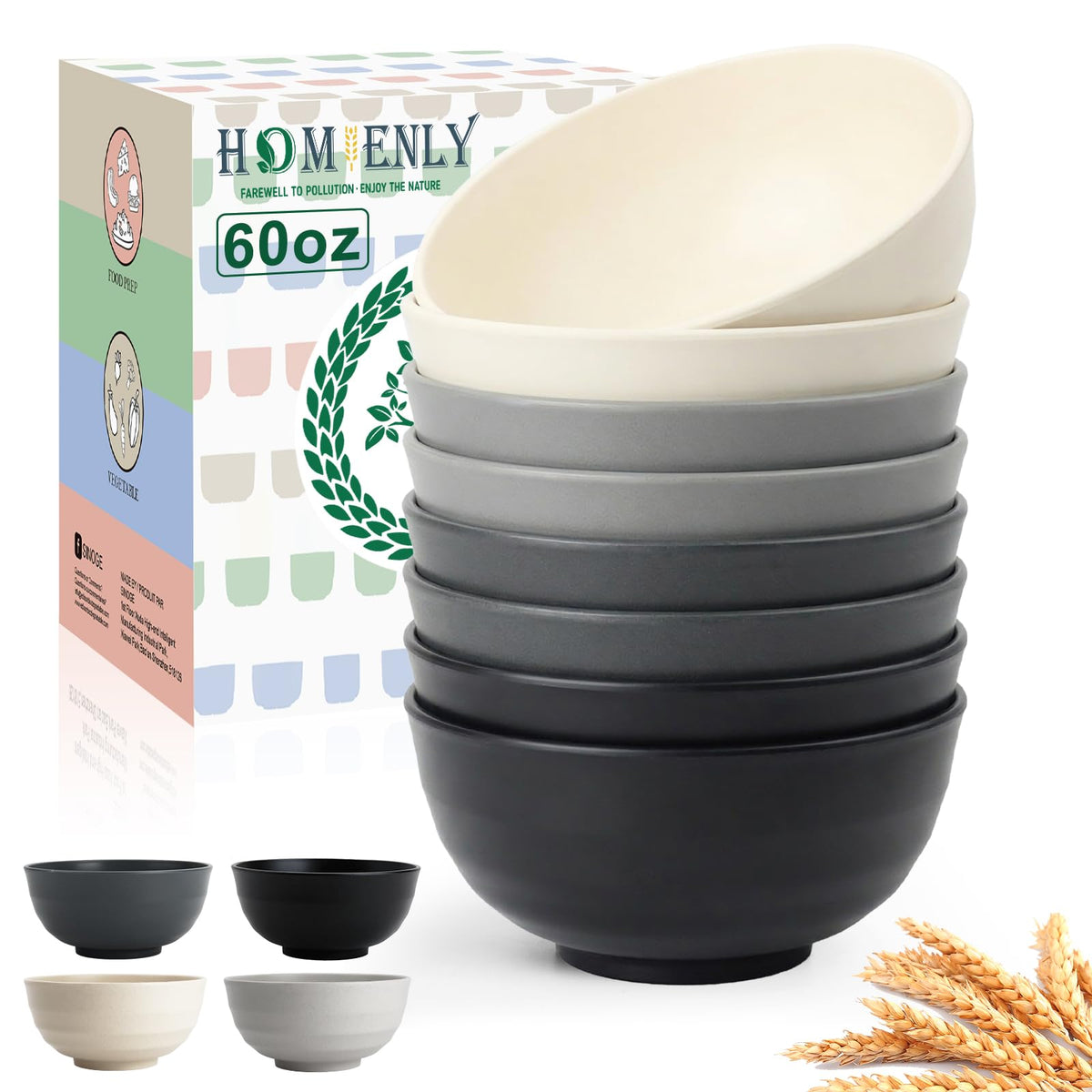 Homienly Wheat Straw Small Bowl Set of 8, Unbreakable Dessert Bowl - 10 OZ, Wheat Straw Mini Bowls for Kitchen, Kids, Microwave and Dishwasher Safe Bowls for Snack, Appetizer, Ice Cream (Black)